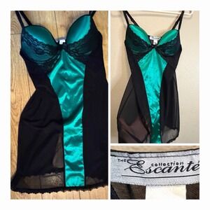 VNTG Y2K Escanté Emerald Green Satin Black Lace Chemise Slip Dress M Fits US 4 6